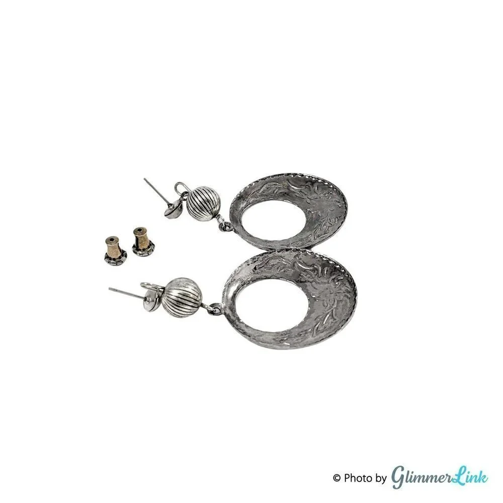 Vintage Dama Silver Tone Tiered Hoop Floral Etched Dangle Earrings
